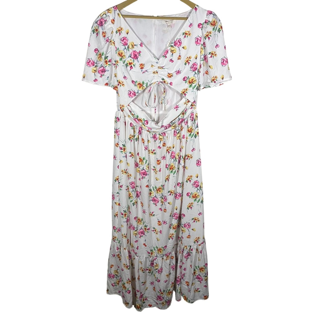 NWT WAYF Ivory Floral Front Cut-Out Tiered Midi Dress Size L Resort Vacation - Picture 2 of 13